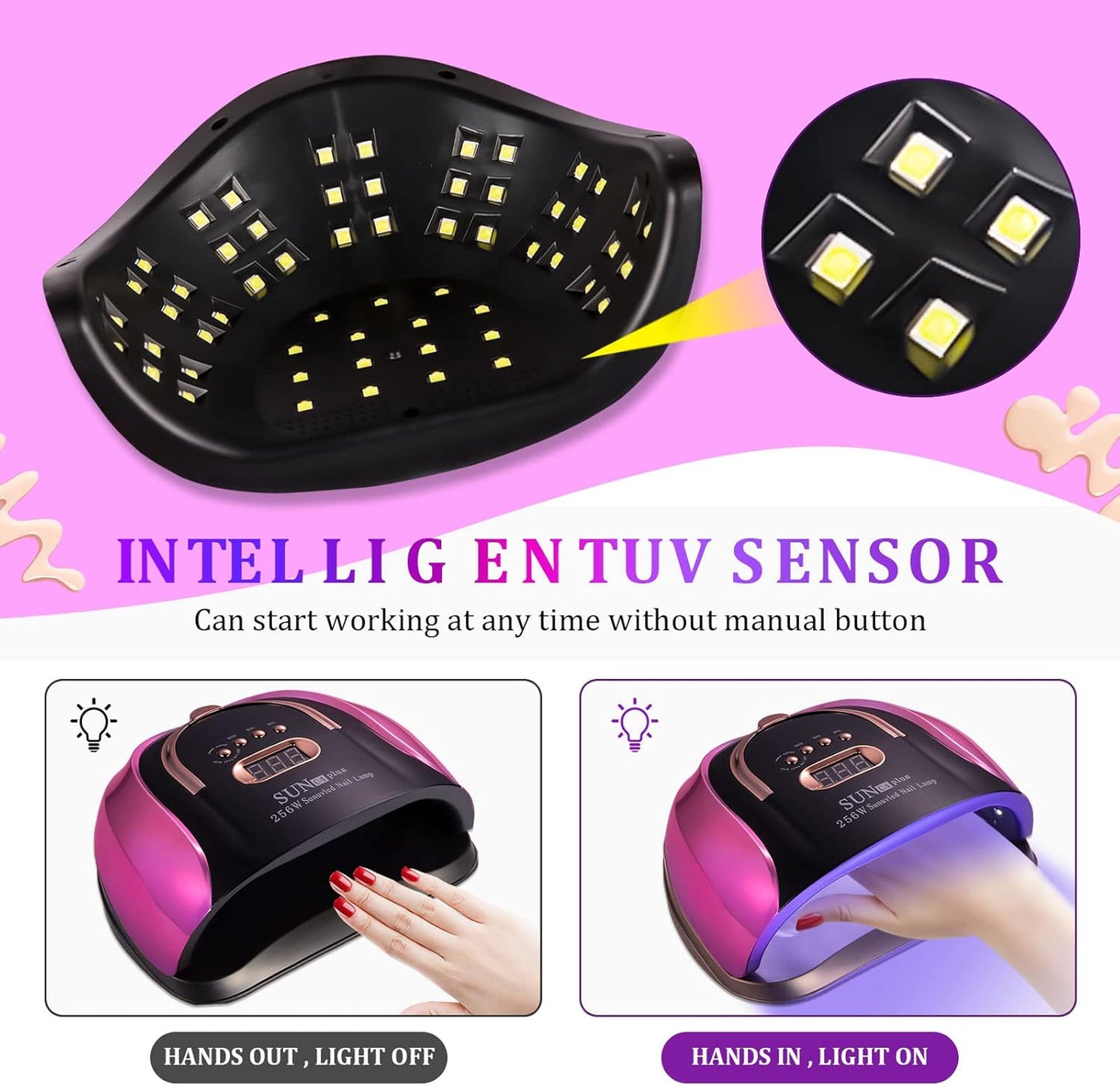 UV LED Nail Lamp - 256W Professional Gel Nail Dryer with 4 Timer Settings | 57 Dual Light Beads, Ideal for Salon Use
