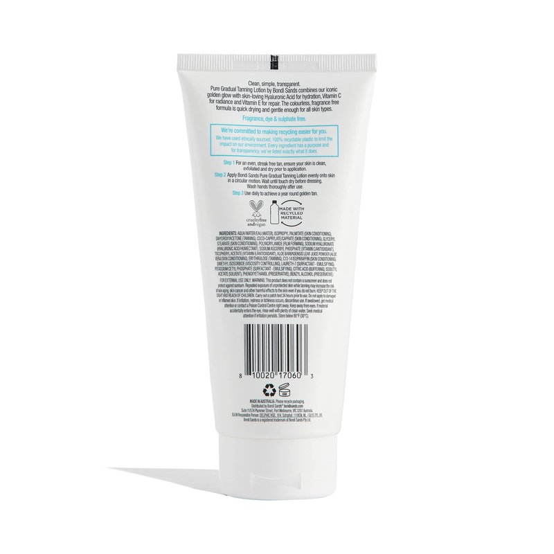Bondi Sands PURE Gradual Tanning Lotion | Hydrates with Hyaluronic Acid for a Glowing Tan, Fragrance Free, Cruelty Free, Vegan | 6.76 Oz/200 mL