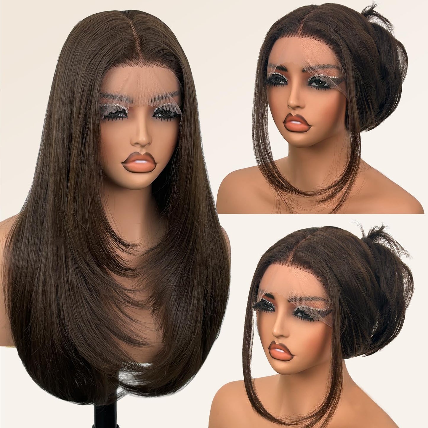 Su Mei.s Glueless Synthetic Lace Front Wig 26 Inches Long Straight Wigs for Black Women 13x5x1 HD Lace Hand Tied Pre Plucked Hairline (#4 Chocolate Brown, 26 Inch)
