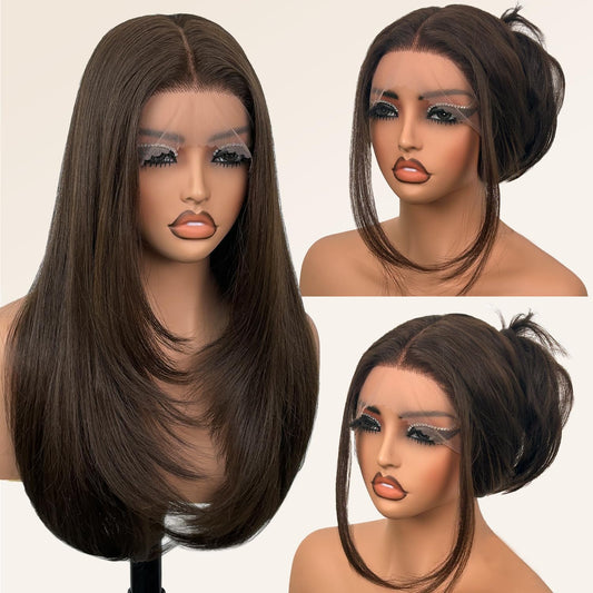 Su Mei.s Glueless Synthetic Lace Front Wig 26 Inches Long Straight Wigs for Black Women 13x5x1 HD Lace Hand Tied Pre Plucked Hairline (#4 Chocolate Brown, 26 Inch)