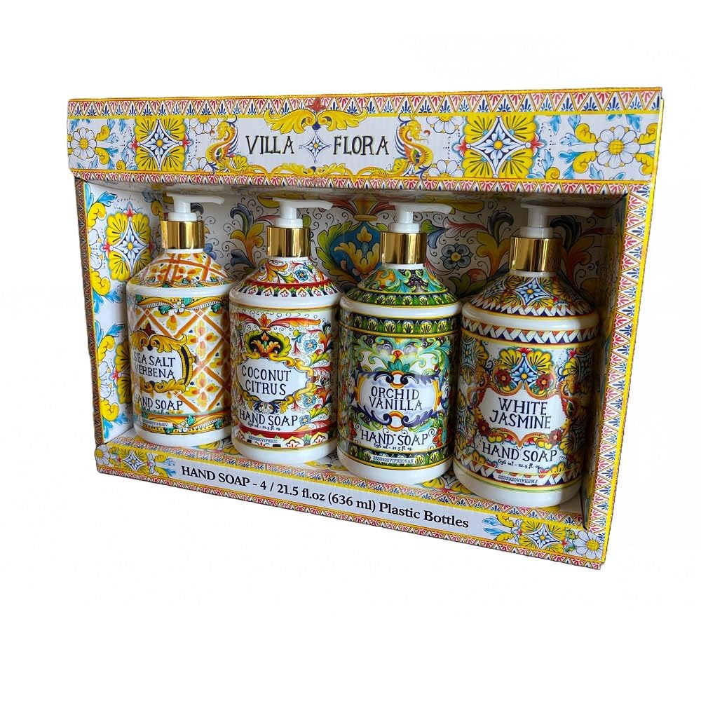 Villa Flora Hand Soap Set - Assorted Scents (Sea Salt Verbena, Coconut Citrus) - 16 fl oz Bottles, Pack of 4