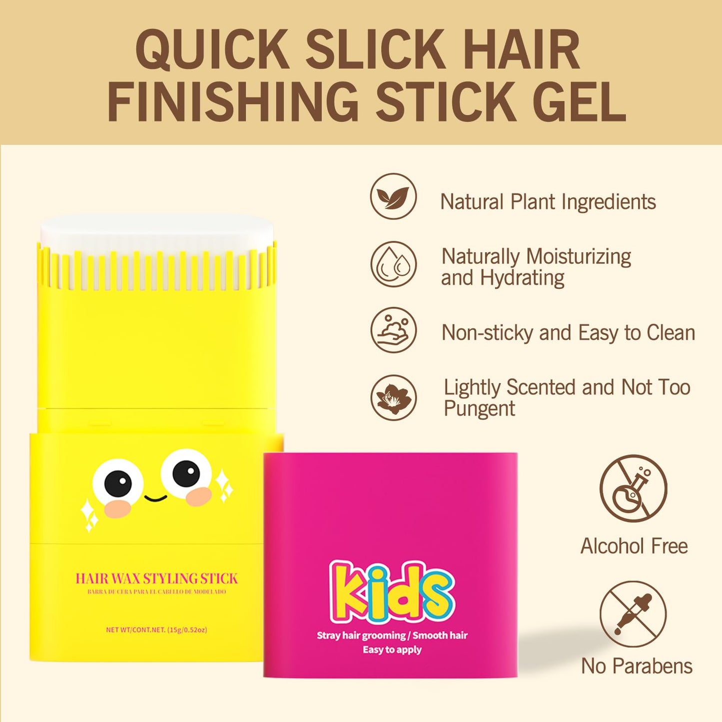 gowwim Kids Hair Gel, Natural Hair Gel for Kids Non-greasy Hair Styling Stick for Girls & Boys Long-Lasting Hair Finishing Stick Flyaway Hair Control