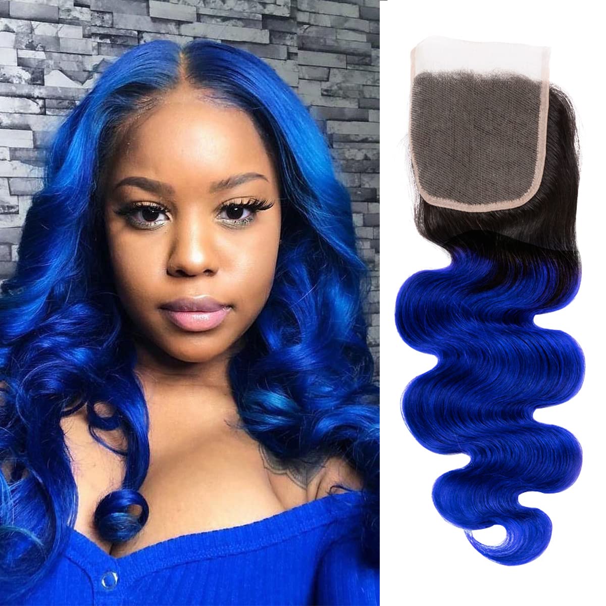 SEXAY Blue Closure 4x4 Lace Closure 100% Human Hair Brazilian Body Weaving ombre blue Color Virgin Hair Closure(18inch Blue)