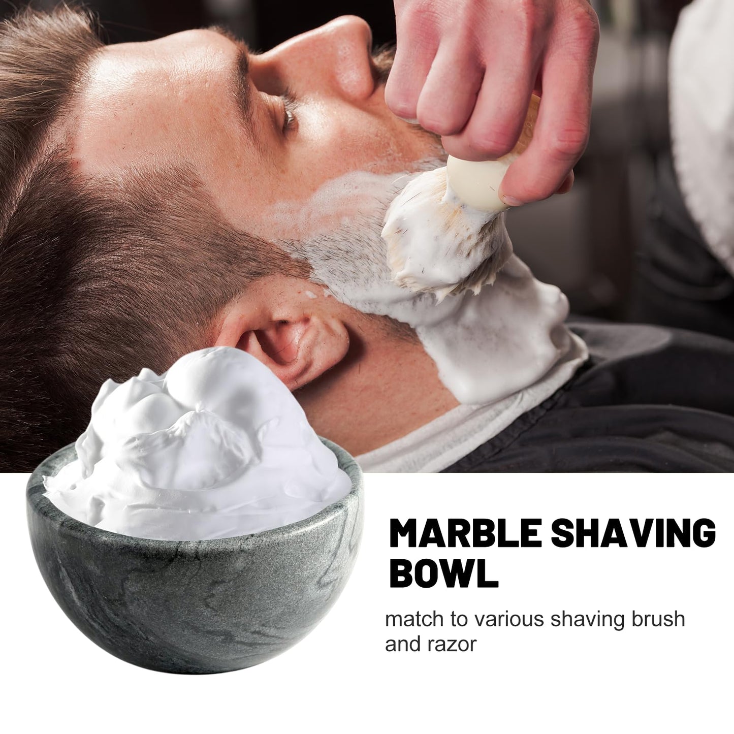 Koville Marble Shaving Soap Bowl 5'' Gray Handmade Shaving Cream Bowl, Marble Bowls For Shaving Foam, Shave Soap Bowl, Shaving Kit Bowl, Shaving Cup Gift for Men with 2 pack Shaving Brush