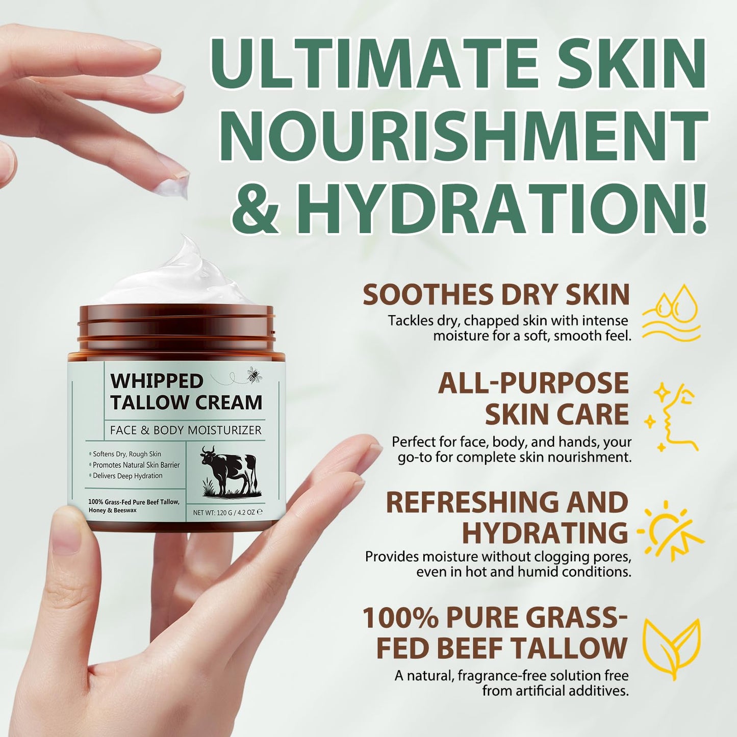 2 Pack Beef Tallow for Skin, Tallow and Honey Balm, All Natural Moisturizer Hydrates and Nourishes the Skin, Deeply Moisturizing for Face & Body, Organic Grass Fed Whipped Beef Tallow & Honey Beeswax