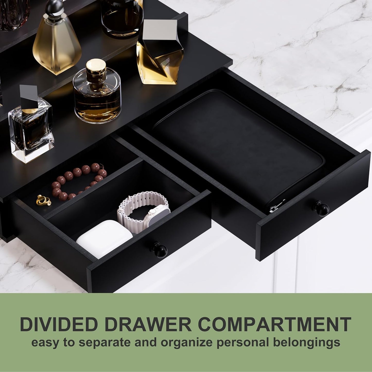 Boulphia 4 Tier Wooden Cologne Organizer with Drawer Storage and Hidden Compartment, Black Perfume Display Stand