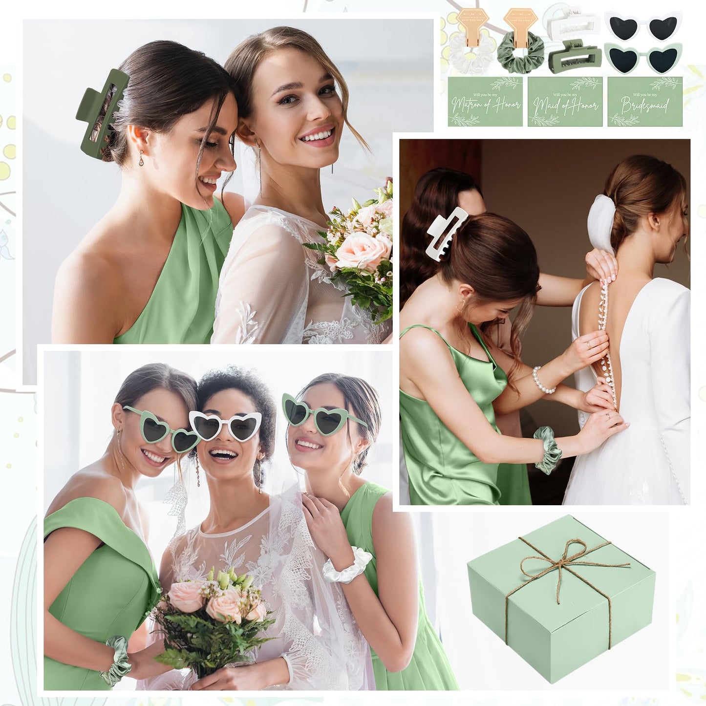 Geiserailie 40 Pcs 8 Set Bridesmaid Proposal Gifts Will You Be My Bridesmaid 4.1in Square Hair Claws Heart Sunglasses(Green)