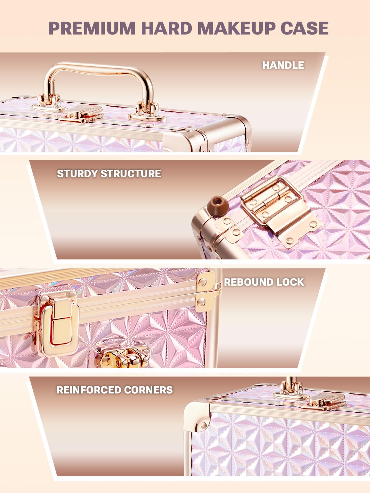 Qislee Makeup Box with A Detachable Lighted Mirror, Waterproof Travel Train Case, Cosmetic Organizer and Makeup Suitcase with Adjustable Dividers, Magnetic LED Mirror(Sparkling Pink)