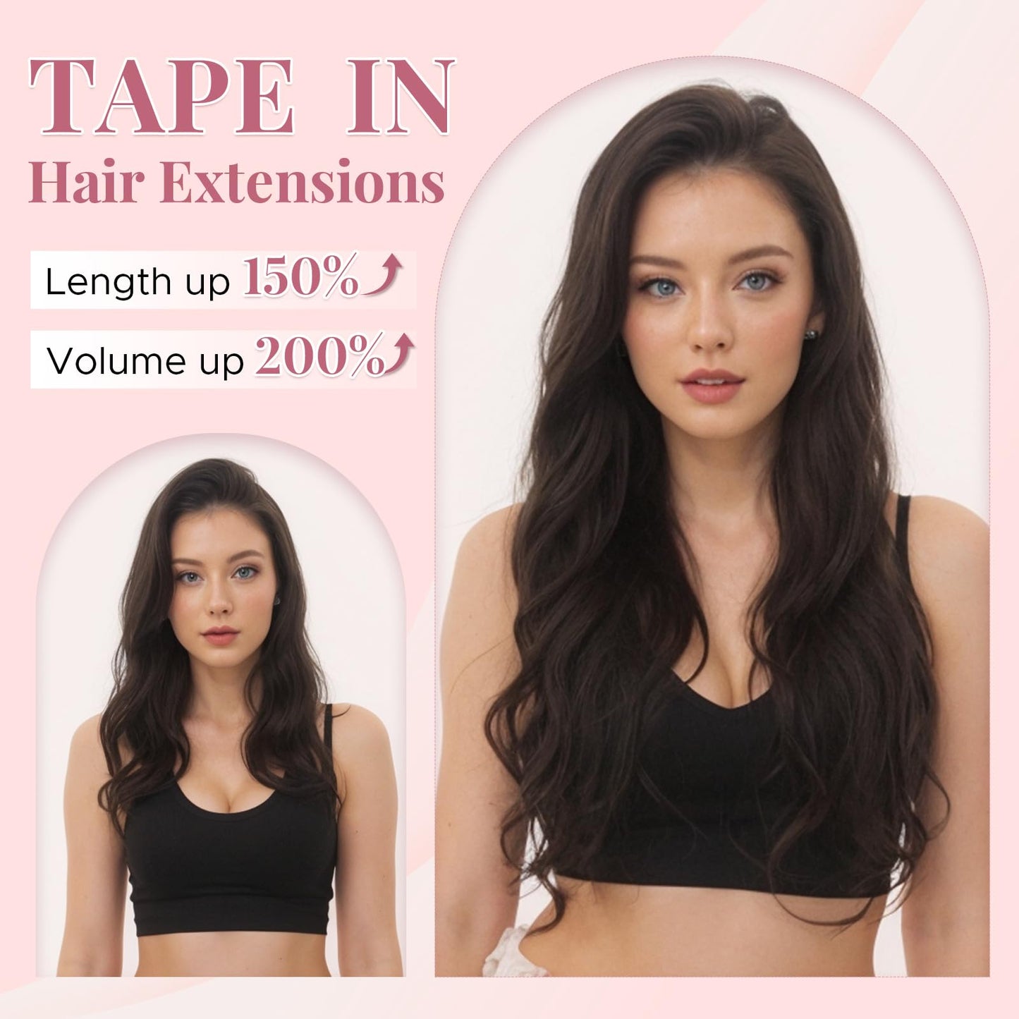 SEGOHAIR Wavy Tape In Hair Extensions Real Human Hair with Double-Sided Adhesive Professional Hair Extensions for Women 20pcs Body Wave 14 Inches Dark Brown