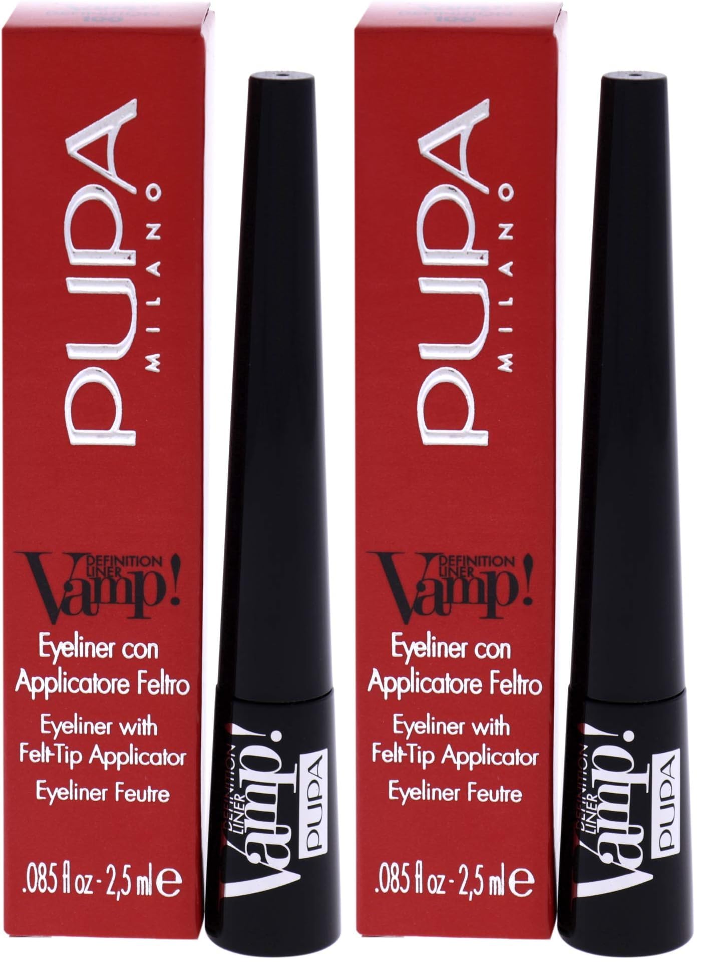 Pupa Milano Vamp! Definition Liner - Eyeliner With Felt Applicator - Matt and Pearly Finishes - Precise, Flawless and Defined Color - Ultra Pigmented - 100 Extra Black - 0.85 Oz (Pack of 2)