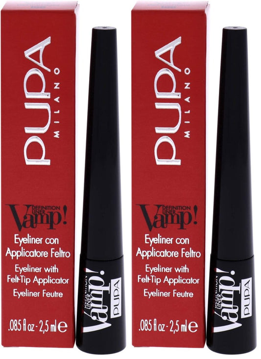 Pupa Milano Vamp! Definition Liner - Eyeliner With Felt Applicator - Matt and Pearly Finishes - Precise, Flawless and Defined Color - Ultra Pigmented - 100 Extra Black - 0.85 Oz (Pack of 2)