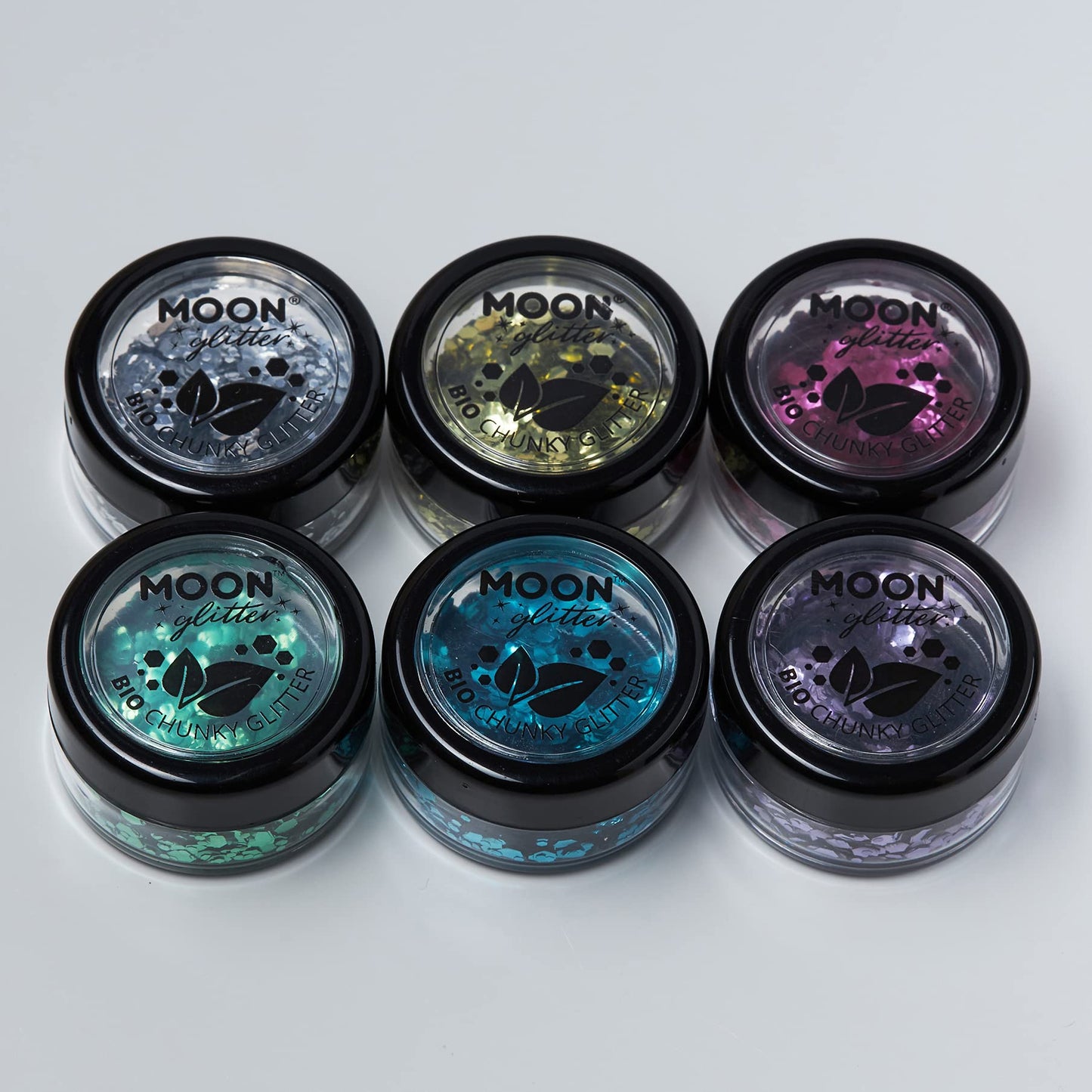 Biodegradable Eco Chunky Glitter by Moon Glitter - 100% Cosmetic Bio Glitter for Face, Body, Nails, Hair and Lips - 3g Set of 6 - plus Glitter Fix Gel