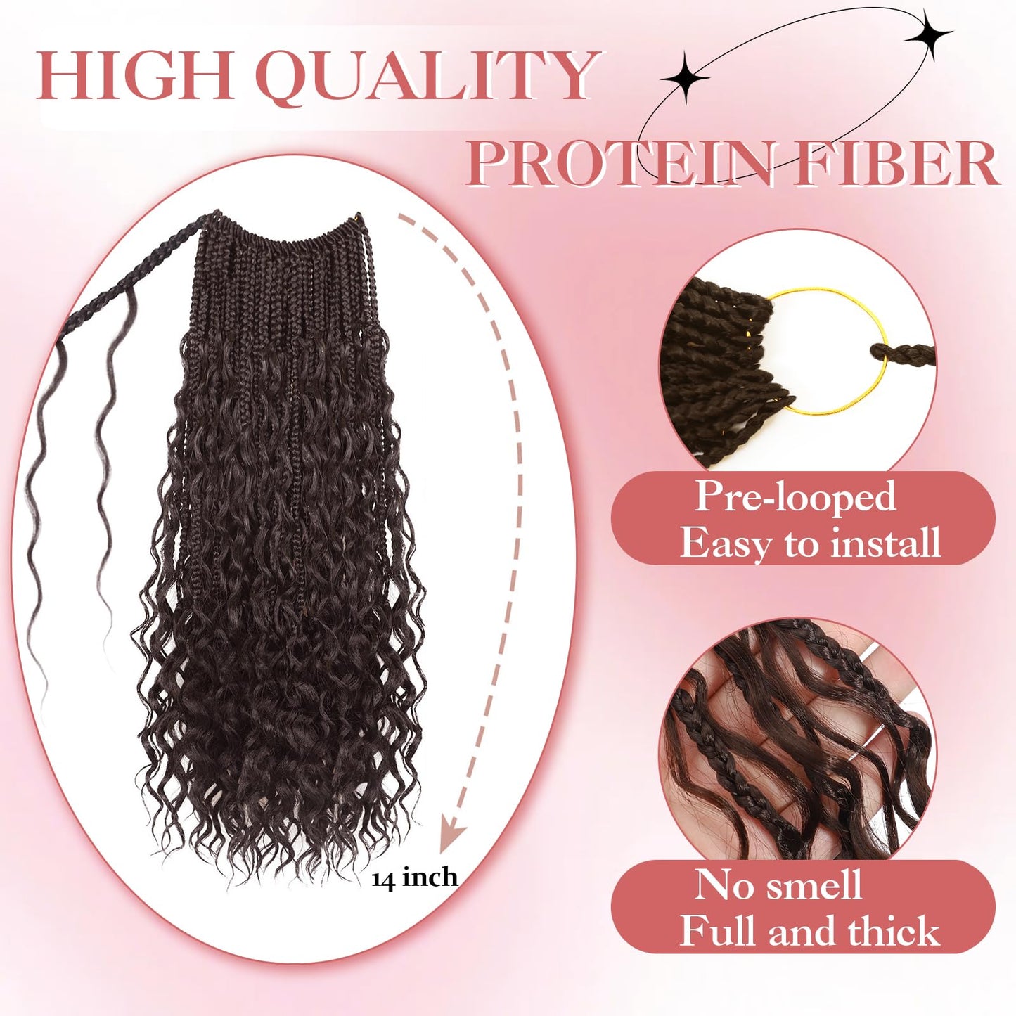 9 Packs Boho Box Braids Crochet Hair 14 Inch Pure Protein Fiber Similar to Human Hair Goddess Box Braids Crochet Hair With Curly Ends Pre Looped Bohemian Braid Hair Extension For Women(14 Inch,4#)