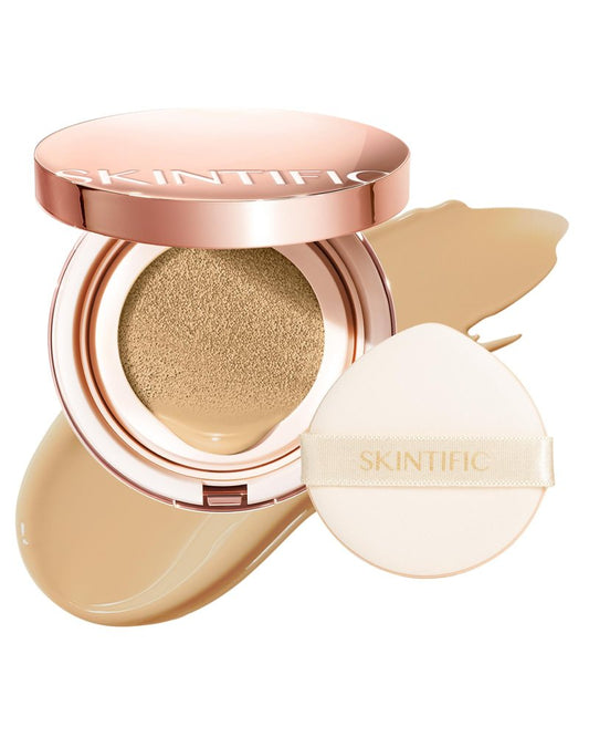 SKINTIFIC Full Coverage Cushion Foundation #22N Shell Beige| Satin Glow Finish, Oil-Control & Waterproof, Buildable Tattoo Cover Cushion for All Skin Types