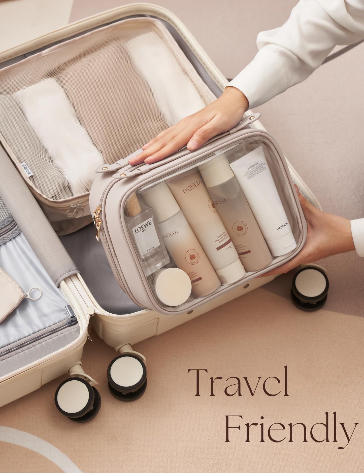 Oaque Clear Cosmetic Bag Double Layer Travel Toiletry Bag Clear Makeup Bag Case with 4 Compartments, Transparent Travel Bag for Toiletries, Large Toiletry Bag for Women Cosmetic Case (Taupe, Large)