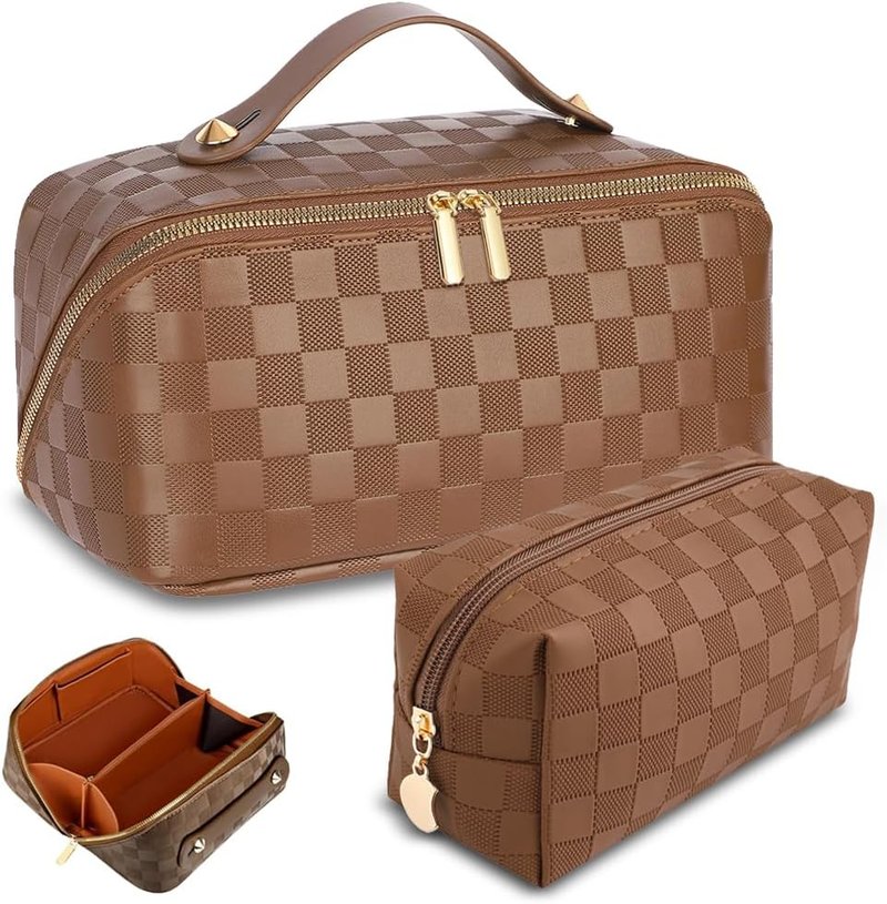 Checkered Travel Makeup Bags | Large Capacity Waterproof Cosmetic Organizer Set - PU Leather with Handle & Divider (Brown)