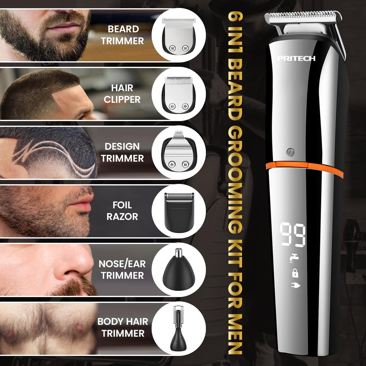 PRITECH Beard Trimmer for Men – 6-in-1 Cordless Grooming Kit, IPX6 Waterproof Wet & Dry with Foil Shaver & Nose Trimmer, USB-C Rechargeable 90min Runtime, Home Travel Use (Silver)