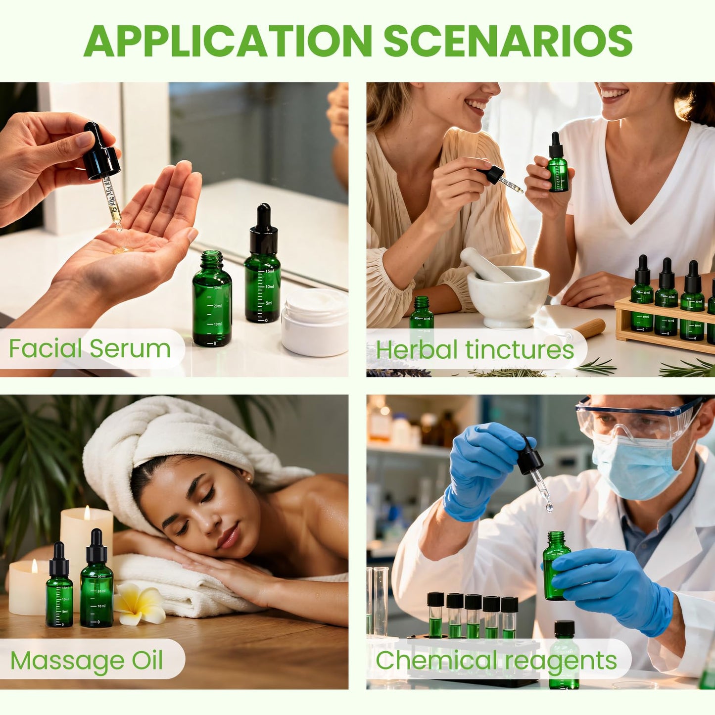 UPBUD 63 Pcs 1oz Green Glass Dropper Bottles with Measurement, 30ml Leakproof Tincture Bottles with Funnels, Eye Droppers, Extra Caps & Labels, Refillable Empty Bottles for Tinctures, Essential Oils
