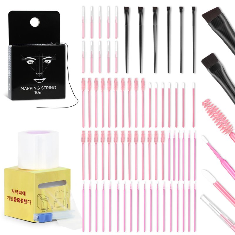 68 Pcs Brow Lamination Supplies with Eyebrow Tattoo Plastic Wrap Brow Mapping String Angled Flat Eyeliner Brush Disposable Micro Eyebrow Spoolies Lip Brush Swabs for Eyebrow Lift Tint