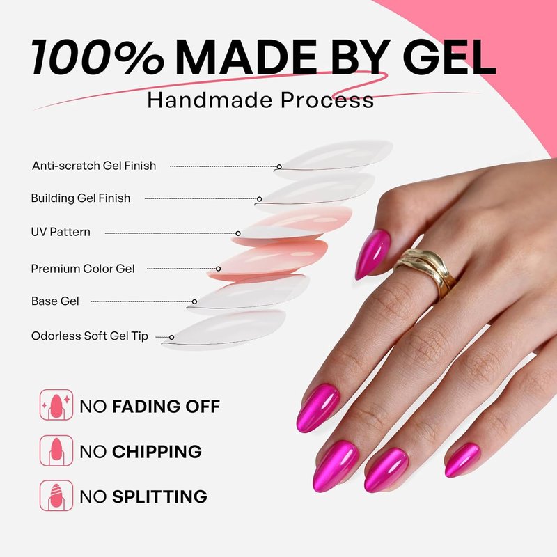 Almond Cat Eye Press-On Nails - Hot Pink Soft Gel Fuchsia | 32 Pcs Reusable in 16 Sizes