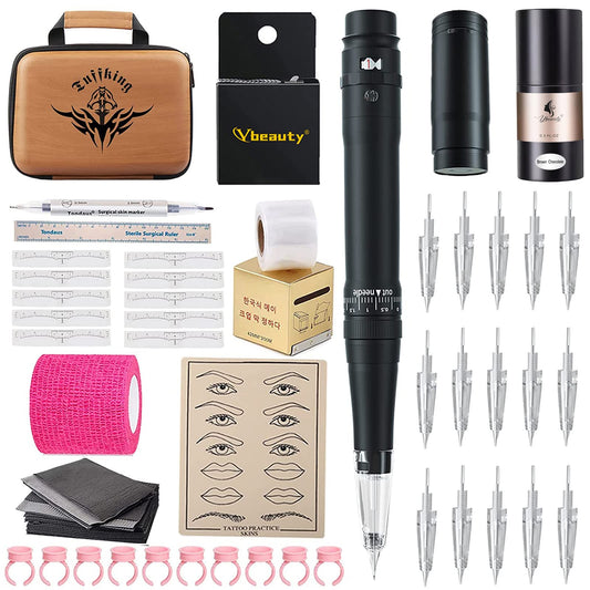 Permanent Eyebrow Makeup Wired Tattoo Machine Kit Corded Tattoo Pen with 15pcs Mixed Cartridges Needles for Shading Eyeliner Lip Microshading (Black)