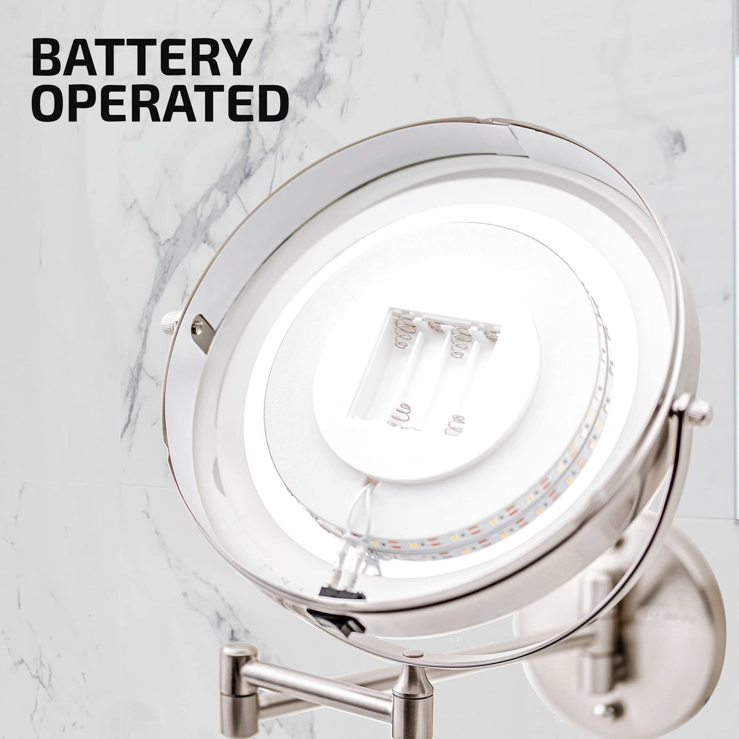 OVENTE Wall Mounted Lighted Makeup Mirror, 9" Double Sided 1X/7X Magnifying Vanity Mirror for Bathroom with LED Lights, Cordless, 360° Rotation and 13" Extendable Arm, Nickel Brushed MFW85BR1X7X