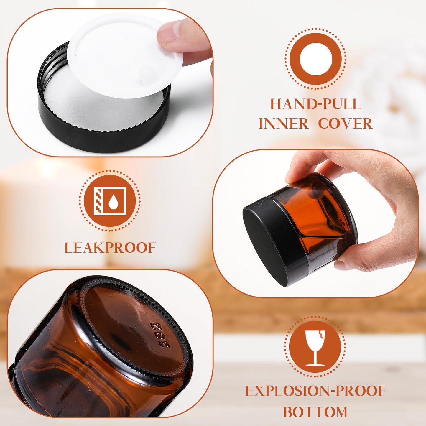 Domensi 32 Pcs 2 oz Glass Jars with Lids Small Glass Jars with Lids Round Leakproof Airtight Empty Cosmetic Travel Containers with Inner Liners Lid for Makeup Lotions Cream Ointments (Amber)