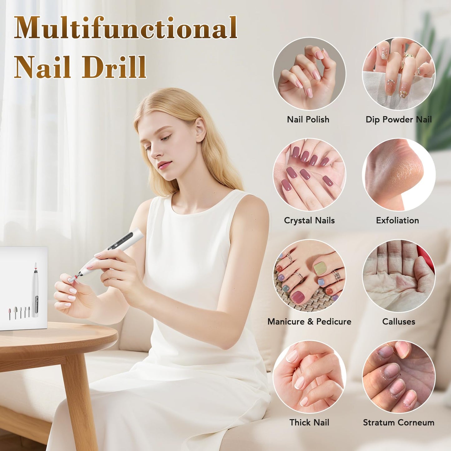 DOCOCO Electric Nail Drill, 35000RPM Electric Nail File with 3 Adjustable Speeds, Rechargeable Efile Set for Acrylic Gel Nails, Nail Dremel Tool for Women, Salon, Home