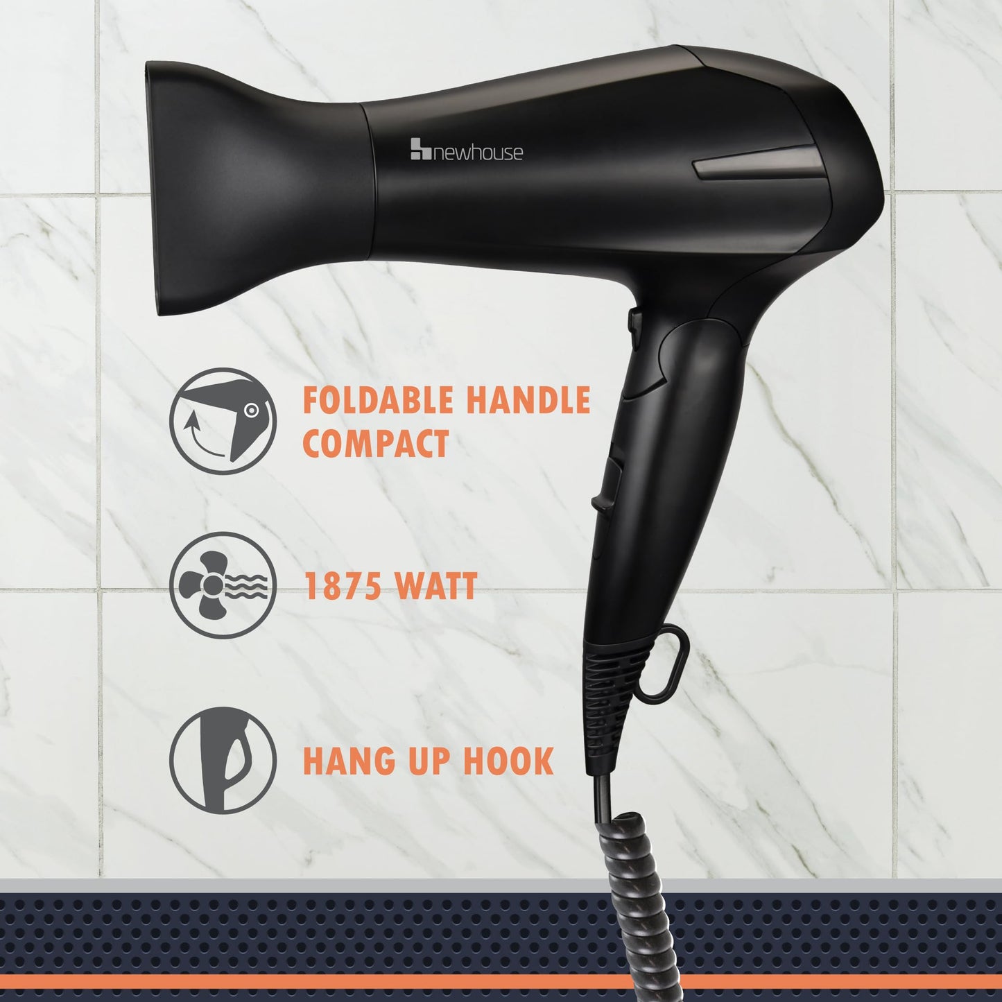 Newhouse 125V 1875-Watt Foldable Hair Dryer with Spiral Cord NHHD-001-FS, Compact Foldable Hair Blow Dryer, Low-Noise Ionic Hair Dryer, ETL Certified for Hospitality and Residential Use