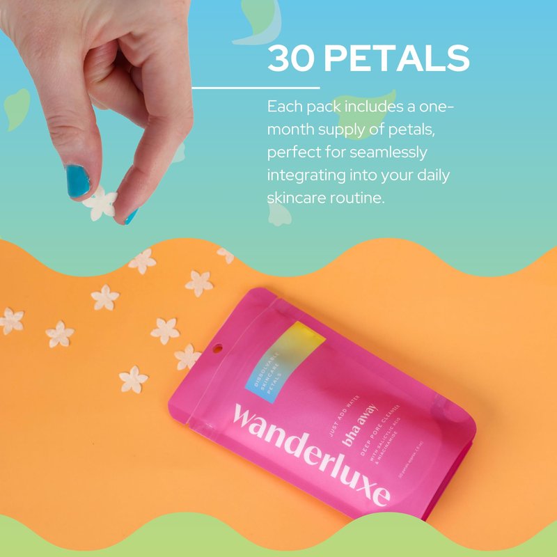 Wanderluxe Deep Pore Cleanser, Dissolvable Skincare Petals, Skin Care Set for Travel, BHA Away Cleanser Petals with Salicylic Acid