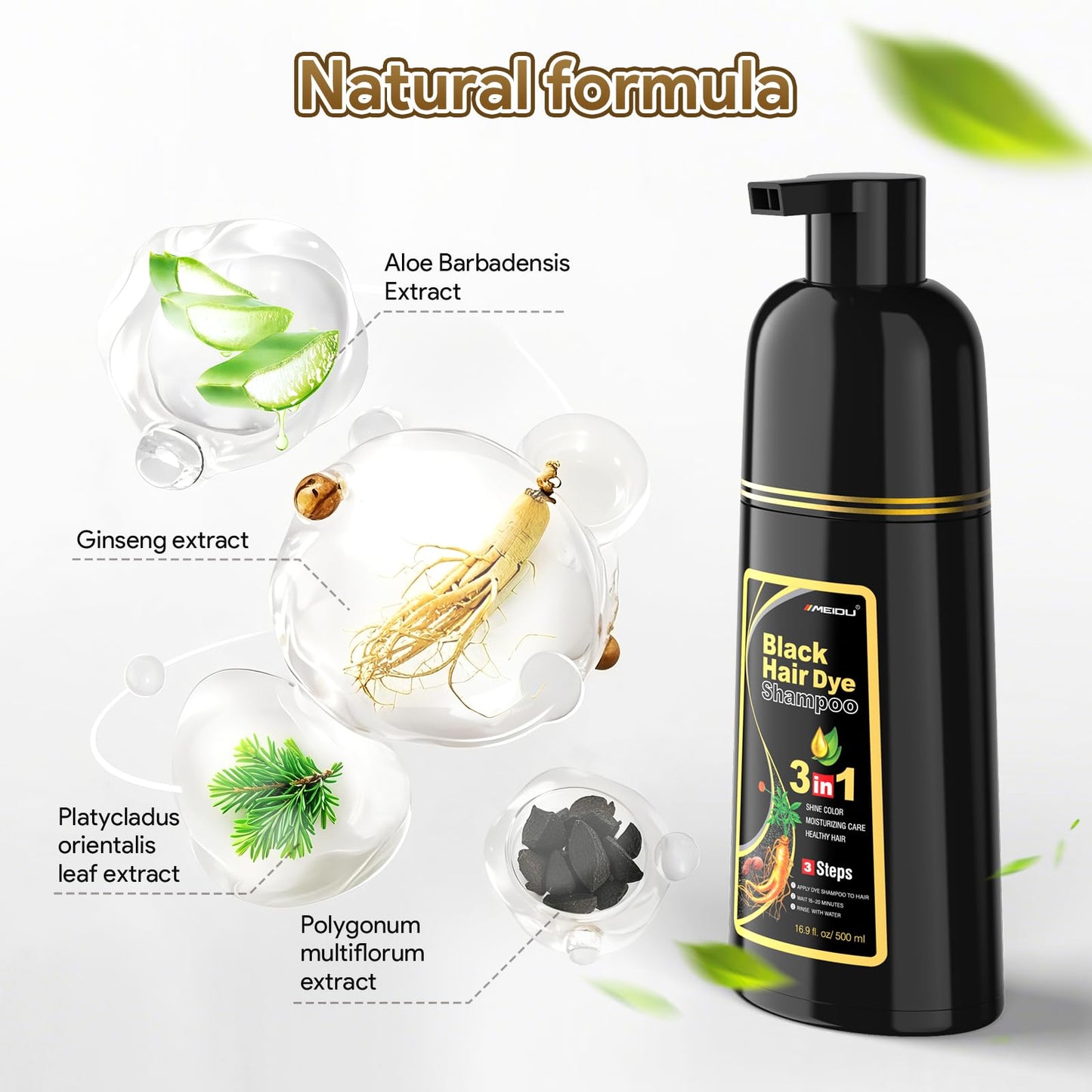 MEIDU Black Hair Dye Shampoo 3 in 1 for Gray Hair, Black Hair Dye for Women Men, Hair Color for Women Herbal Ingredients Natural (500ml,16.9oz) (Black)