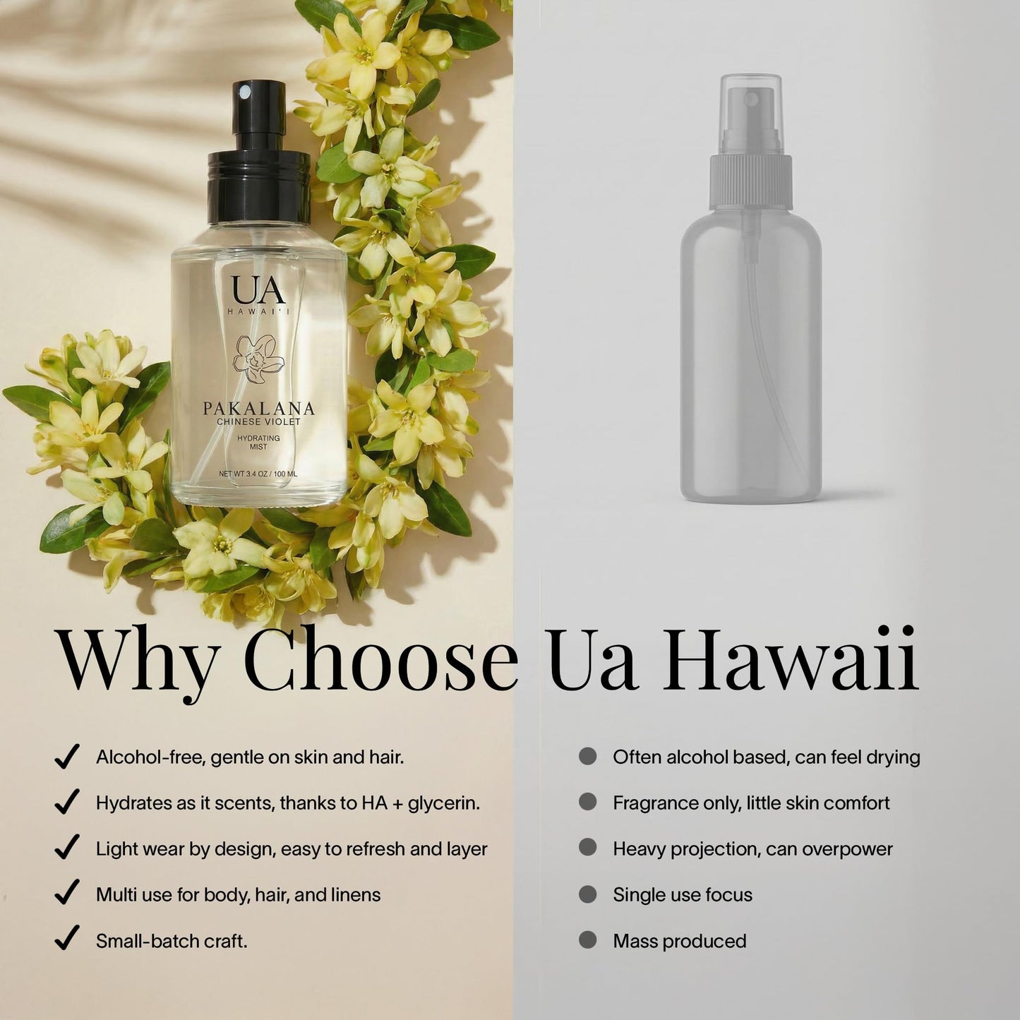 Pakalana Chinese Violet Body and Hair Mist from Hawaii, Hair Perfume for a Light, Hydrating Refresh, Body Mist for Women and Men, Alcohol-Free, With Moisturizing Hyaluronic Acid & Glycerin, 3.4 oz