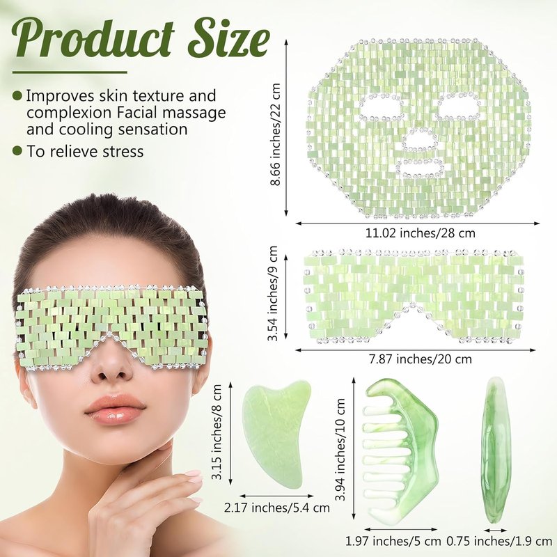 Jade Eye Mask Set - 4 Pcs Cooling Facial Massage Tools for Puffy Eyes | Light Green Jade Stone