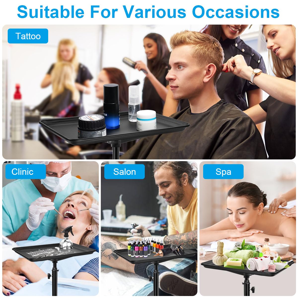JOSTZHXIN Salon Rolling Tray, Premium Aluminum Tattoo Tray Rolling Cart, Height Adjustable Styling Tray, Service Storage Tray Trolley for Beauty Salon Clinic Spa