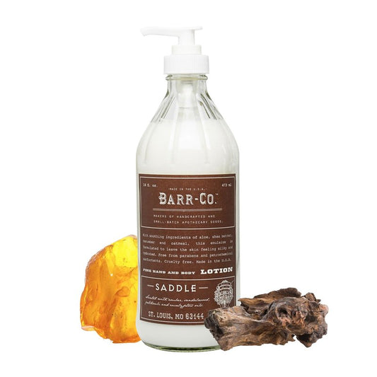 BARR-CO. Saddle Scent Shea Butter Lotion, Amber Scent with Sandalwood & Musk, Shea Moisturizing Lotion for Sensitive Skin, 16 fl oz