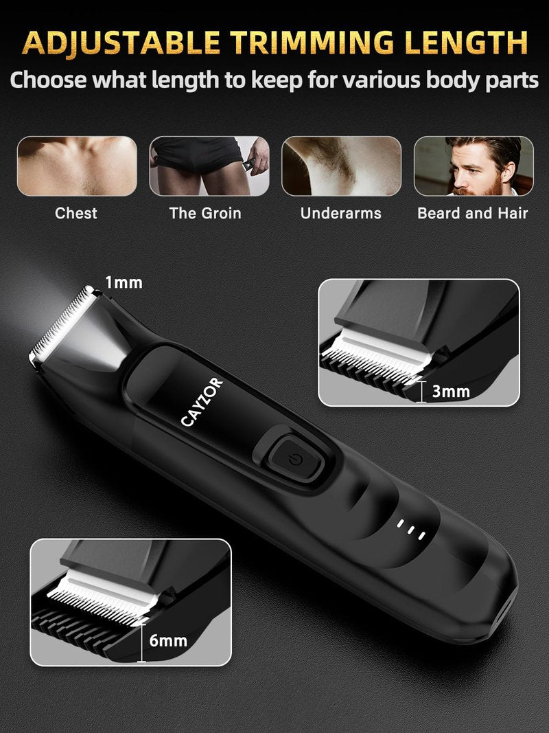 Cayzor 2-in-1 Body and Nose Hair Trimmer for Men - Safe Portable Electric Razor for Ball Groin with LED Light, IPX7 Professional Electric Shavers for Men Pubic, Underarm, Nose, Ear, Beard, Head