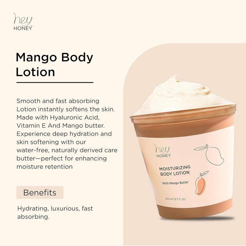 Mango & Honey Body Lotion - Water-Free Formula with Hyaluronic Acid & Ceramides for Dry Sensitive Skin | 6.7 oz