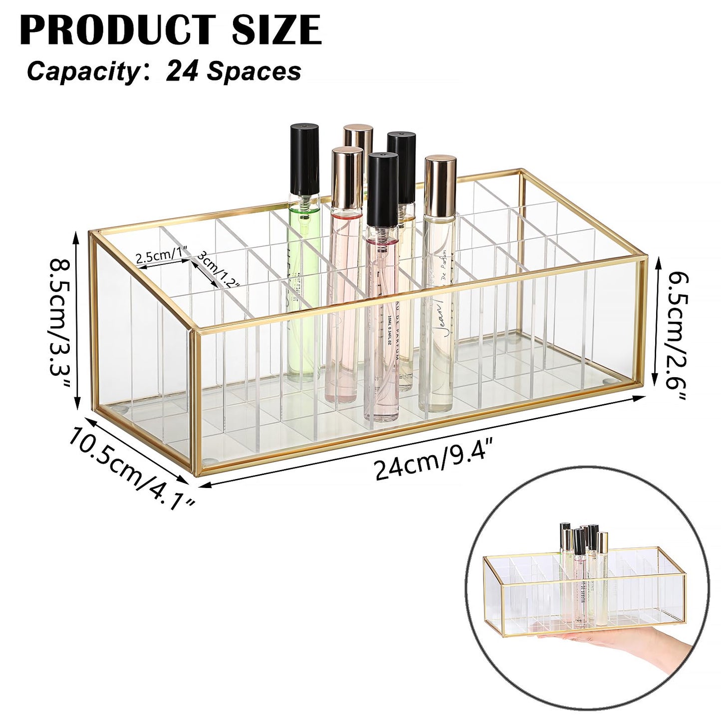 ELLDOO Rollerball Perfume Organizer, 24 Acrylic Spaces Glod Glass Perfume Storage Holder Beauty Scent Holder, Makeup Lipgloss Lipstick Display Case