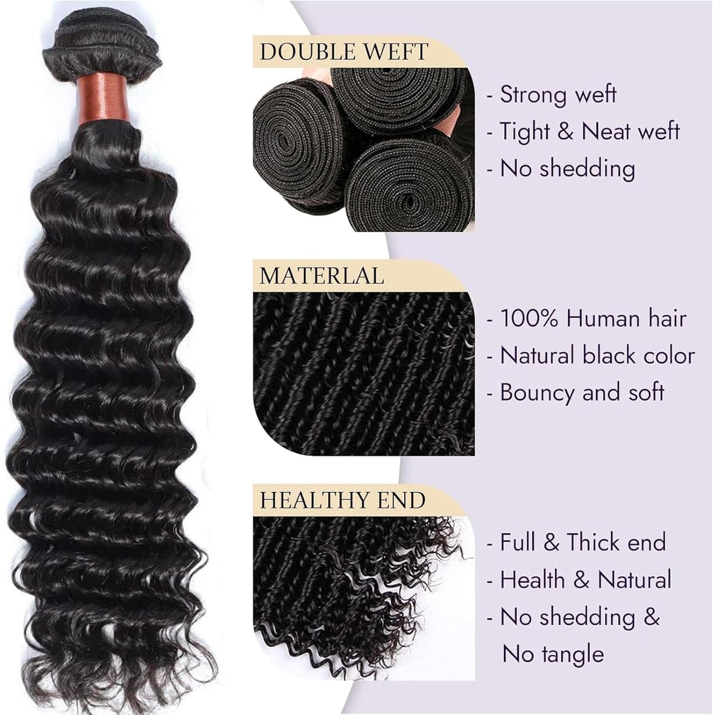 BLACKMOON HAIR Deep Wave Human Hair Bundles 100% Human Hair 100g/Bundles 20 Inches Curly Bundle Human Hair Double Weft Natural Black Wet and Wavy Brazilian Virgin Hair for Black Women