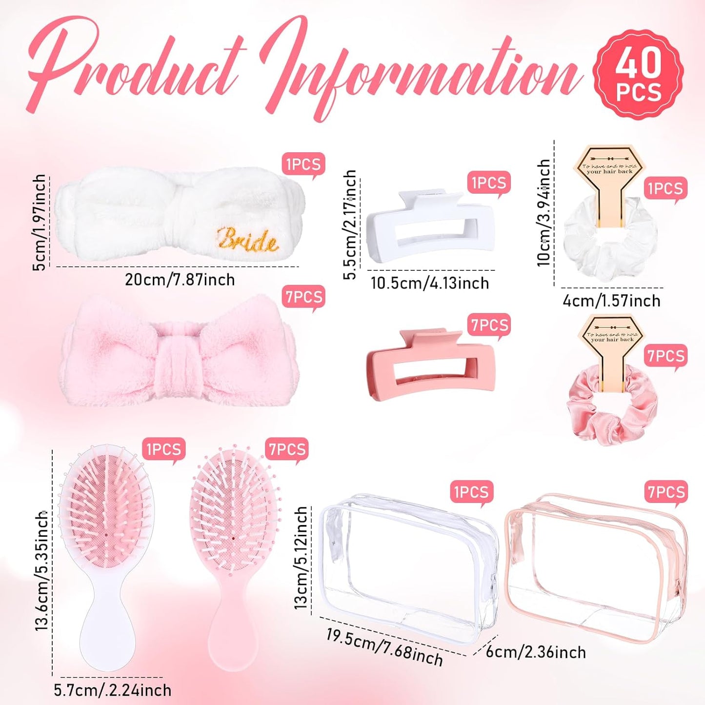 Bachelorette Favor Set - 40 Pcs Headbands, Scrunchies & Hair Accessories | Bridal Shower Gifts (White & Pink)