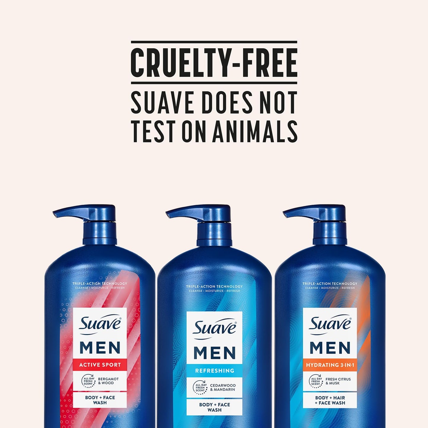 Suave Men Body & Hair Care Variety 3-Pack – Energizing Sport, Refreshing Body + Face Wash, and Hydrating 3-in-1 Hair + Body + Face Wash, 30 Oz Ea