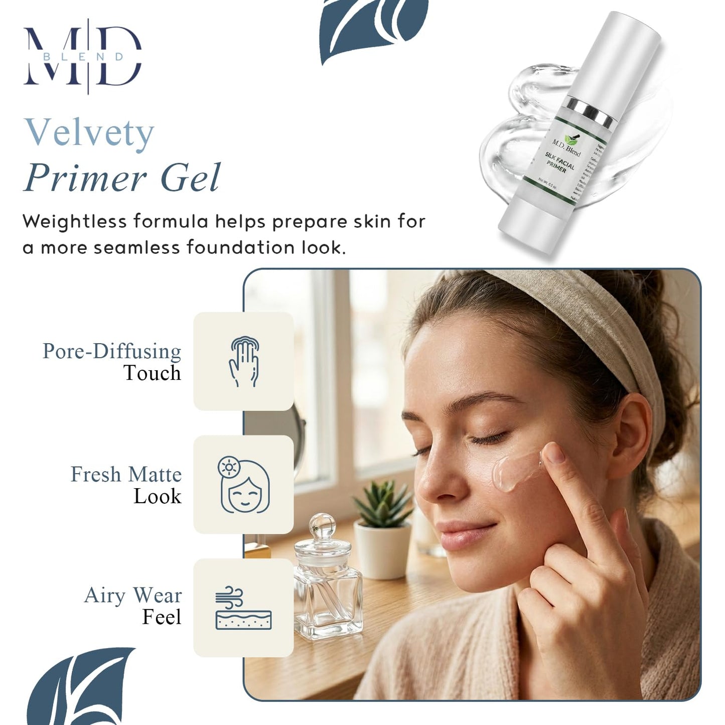 M.D. Blend Facial Pore Primer for Face before Makeup - Hydrating, Wrinkle Filling, Blurring Primer for oily & Mature Skin, Supports Korean Makeup, (1.95 fl oz/58ml)