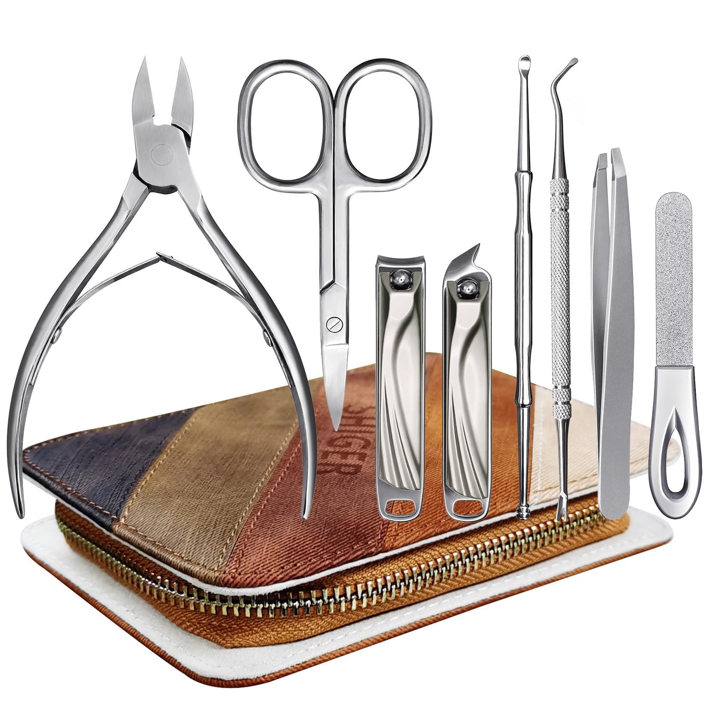 SGNEKOO 8-Piece Nail Clipper Set for Family, Professional Stainless Steel Manicure Kit with Ingrown Toenail Tool, Nail File, Tweezers, Ear Pick, Scissors – Home & Salon Use (Silver)