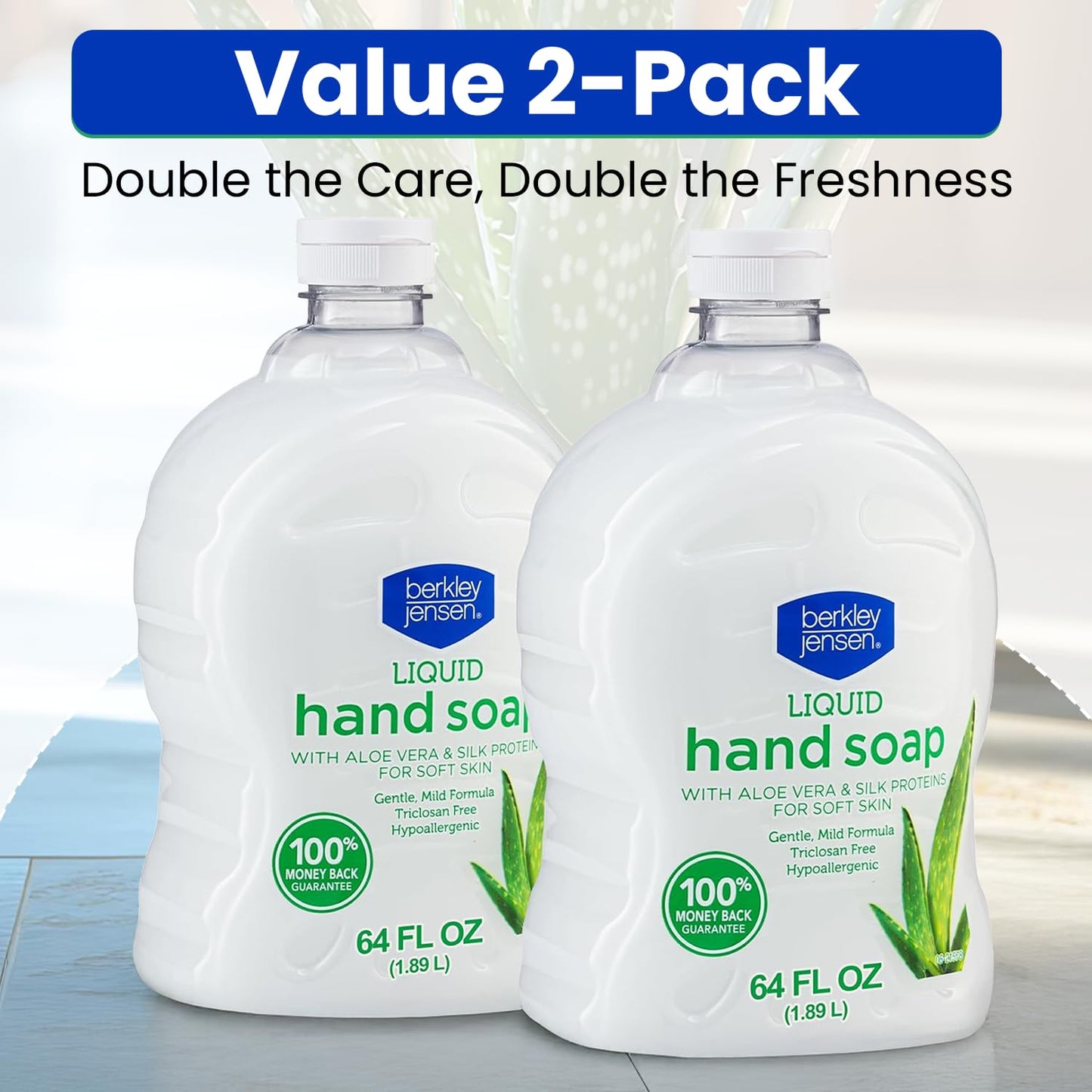 Berkley Jensen Liquid Hand Soap Refills with Aloe Vera - 64 oz Bottle (Pack of 2) - Hypoallergenic Scented Hand Wash with Silk Protein for Soft Hands - Paraben Free Hand Soap for Daily Use