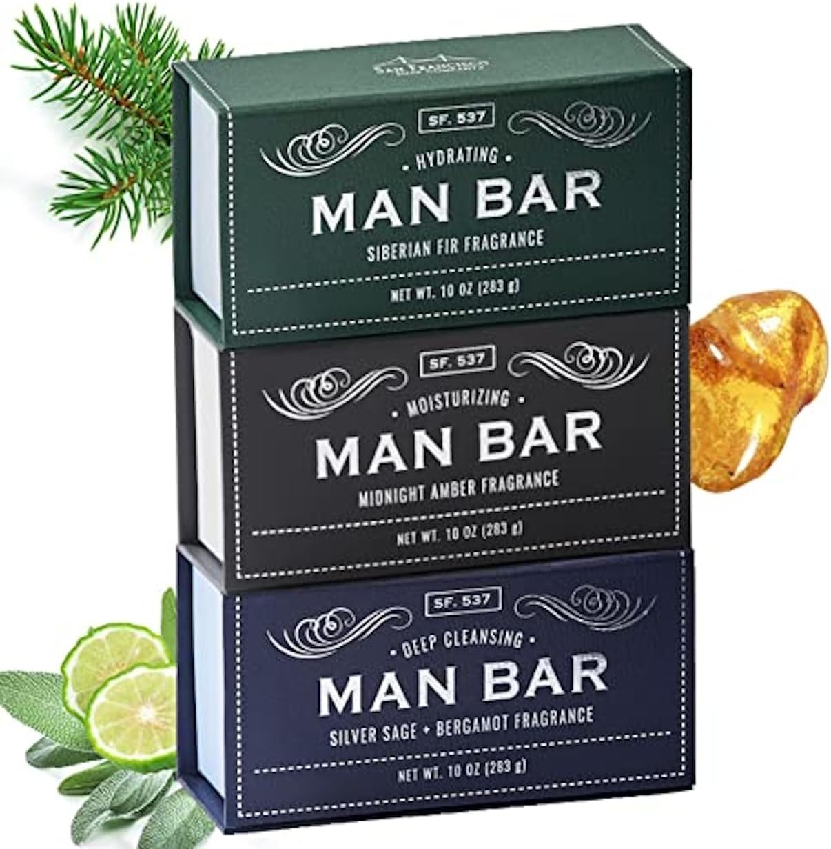 San Francisco Soap Company Man Bar Gift Set - 3 Premium Soaps (Siberian Fir, Midnight Amber, Bergamot) - 10 oz