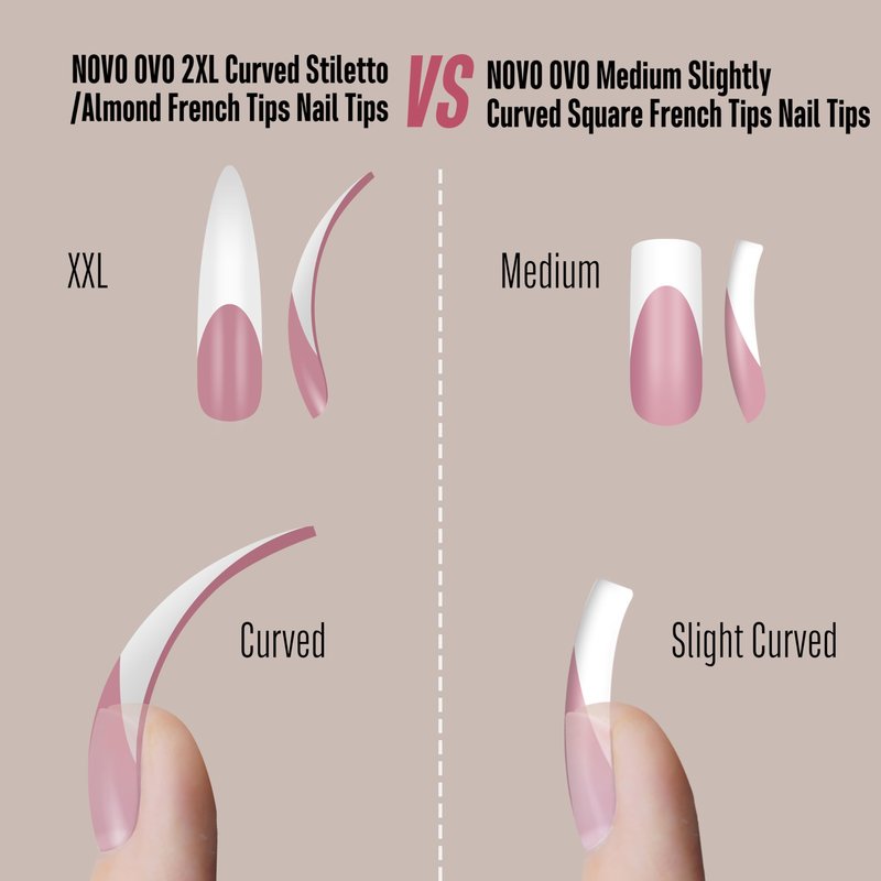 NOVO OVO Halloween XXL Curved Stiletto Almond French Tip Nail Tips Press on, BERRY PINK Full Cover Extra Thick Long XL Acrylic Hawk Curve Fake Extension Kit, Need Builder Gel, for DIY 12 Sizes 144 pcs