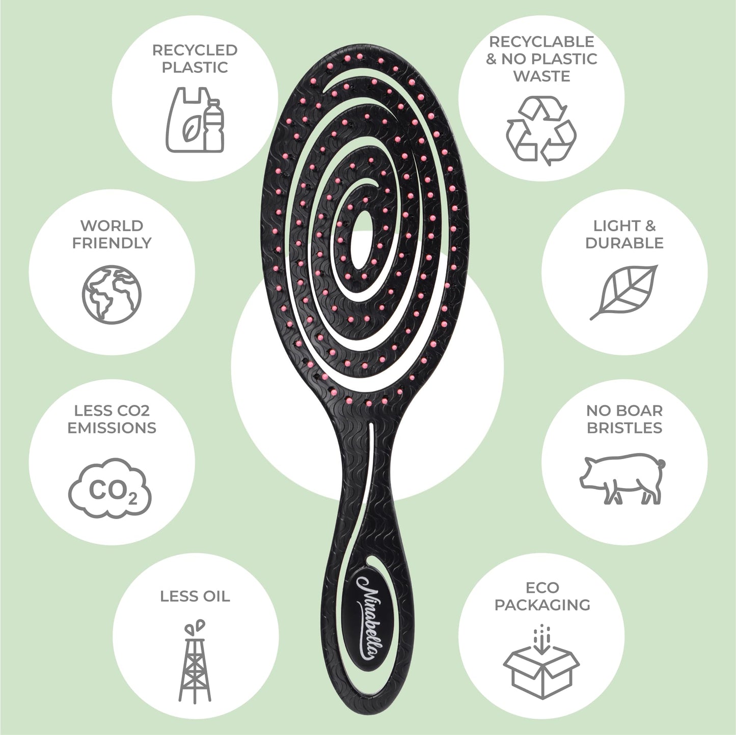Ninabella Spiral Hairbrush - Detangle Hair Brush - For Brushing Wet or Blow Dry Hair - Detangler Vent Brush - Black with Pink