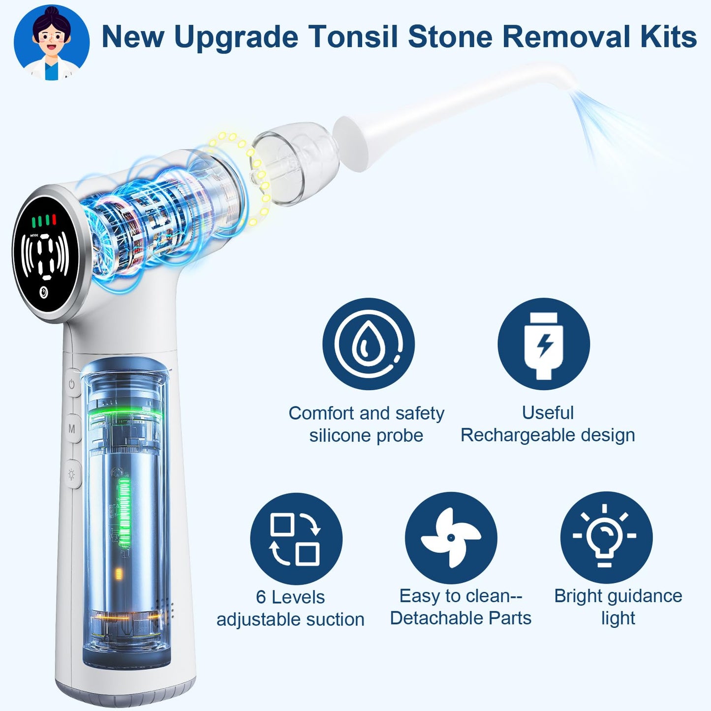 Tonsil Stone Remover Tool, Upgraded Electric Tonsil Stone Removal Kit - with Built-in LED Light & 6-Level Suction for Bad Breath Prevention, Oral Suction Device for Stone Removal