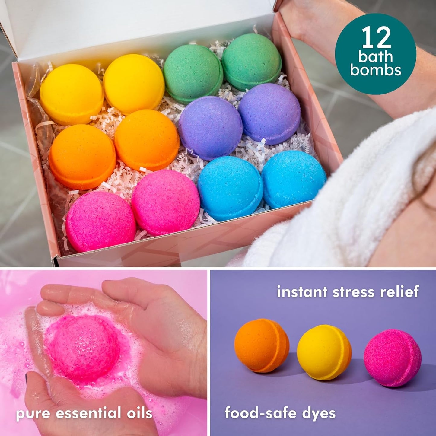 Natural Bath Bomb Gift Set for Women - Organic Essential Oil Bath Bombs for Relaxation | Non-Toxic Spa Gifts
