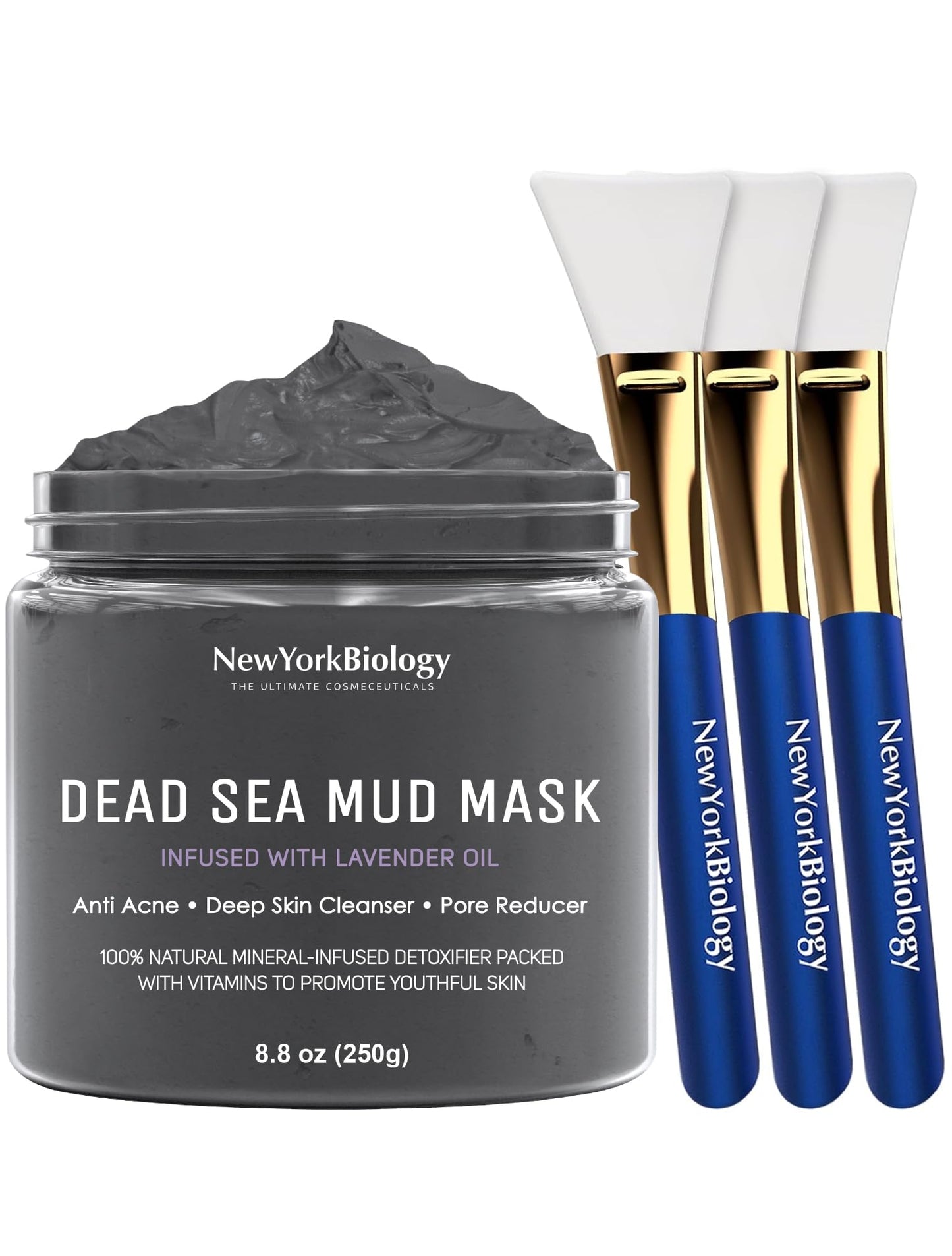 New York Biology Dead Sea Mud Mask for Face and Body Infused with Lavender with 3 pcs Face Mask Brush Applicators - Spa Quality Pore Reducer for Acne, Blackheads and Oily Skin